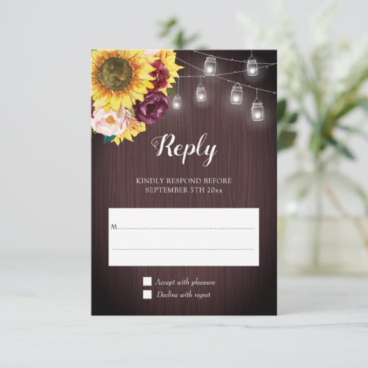 Zonnebloem Mason Jar Lights Bourgondië Bloemen bru RSVP Kaartje (Staand voorkant)