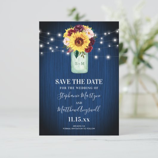 Zonnebloem Mason Jar Navy Blauw Save The Date (Staand voorkant)