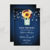 Zonnebloem Mason Jar Navy Blauw Save The Date (Voorkant / Achterkant)