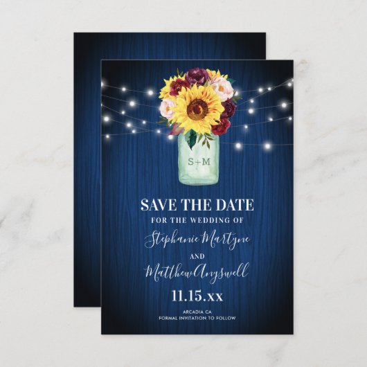 Zonnebloem Mason Jar Navy Blauw Save The Date (Voorkant / Achterkant)
