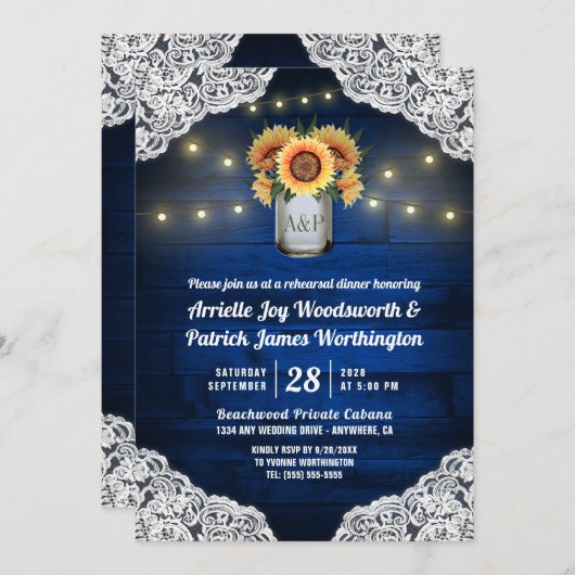 Zonnebloem Mason Jar repetitie diner uitnodigingen (Voorkant / Achterkant)