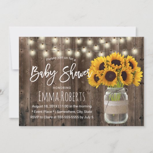 Zonnebloem Mason Jar Rustic Baby shower Kaart (Voorkant)