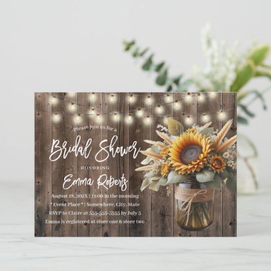 Zonnebloem Mason Jar Rustiek Bruiloft Vrijgezellen Kaart (Staand voorkant)