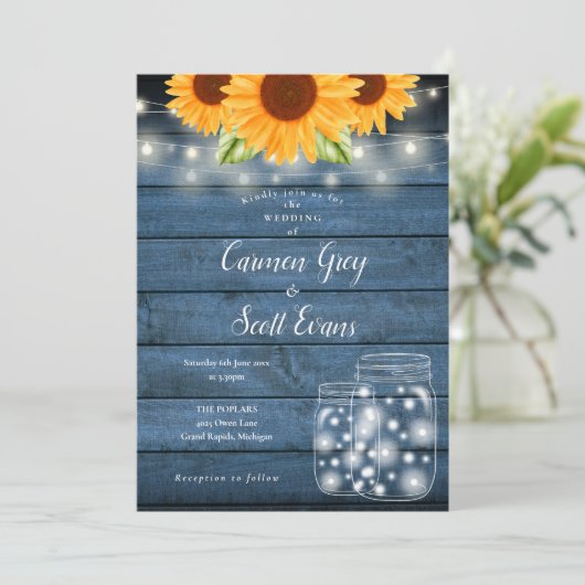 Zonnebloem Mason Jar Slingerlichtjes Rustieke Brui Kaart (Staand voorkant)