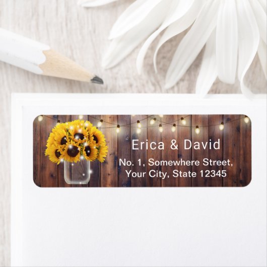 Zonnebloem Mason Jar String Lights Rustieke Bruilo Etiket (Insitu)
