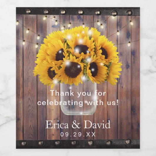 Zonnebloem Mason Jar String Lights Rustieke Bruilo Wijn Etiket (Enkel label)