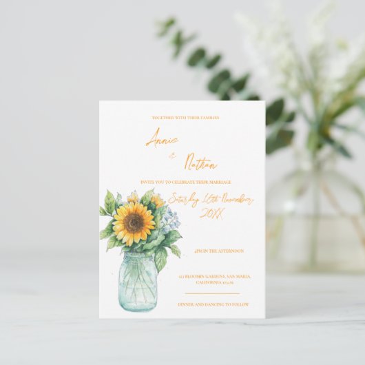 Zonnebloem Mason Jar Waterverf Huwelijksuitnodigin Briefkaart (Staand voorkant)