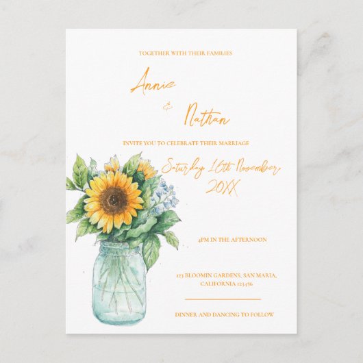 Zonnebloem Mason Jar Waterverf Huwelijksuitnodigin Briefkaart (Voorkant)