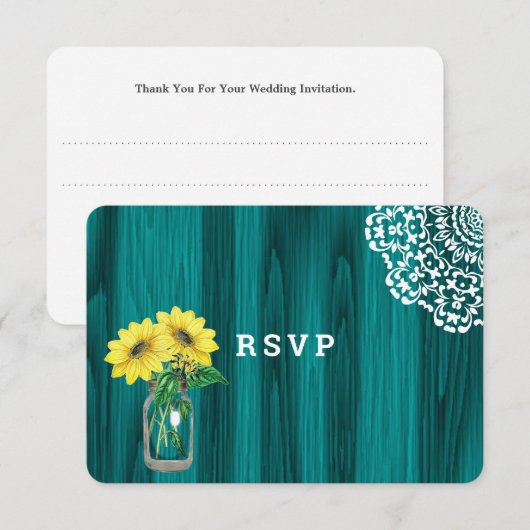 Zonnebloem Mason Jar Wood Rustieke bruiloft RSVP Kaartje (Voorkant / Achterkant)
