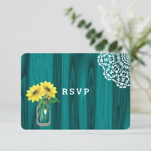 Zonnebloem Mason Jar Wood Rustieke bruiloft RSVP Kaartje (Staand voorkant)