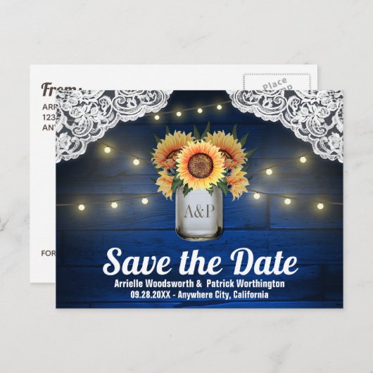 Zonnebloem Mason Jar Wood Save the Date Briefkaart (Voorkant / Achterkant)