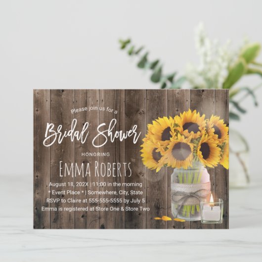 Zonnebloem Mason Pot Schuur Hout Bruiloft Feest Kaart (Staand voorkant)