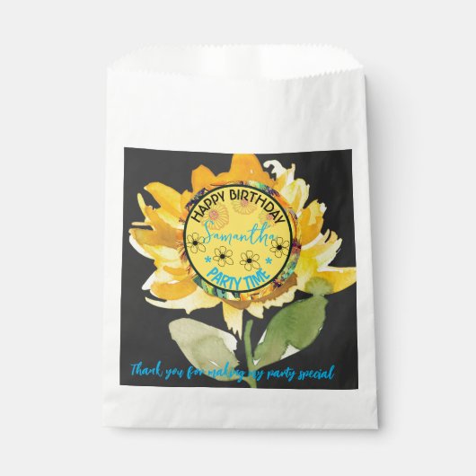 Zonnebloem Meisje Party Verjaardag Zwart Bedankzakje (Voorkant)