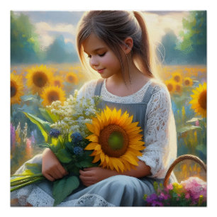 Zonnebloem Meisje Perfect Poster