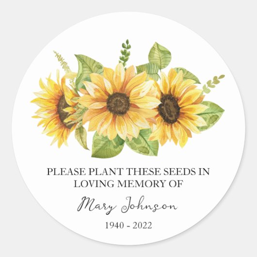 Zonnebloem Memorial Funeral Seed Packet Ronde Sticker (Voorkant)
