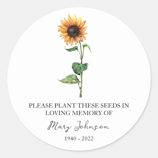 Zonnebloem Memorial Funeral Seed Packet Ronde Sticker (Voorkant)