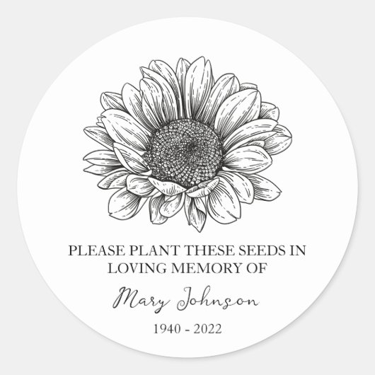 Zonnebloem Memorial Funeral Seed Packet Ronde Sticker (Voorkant)