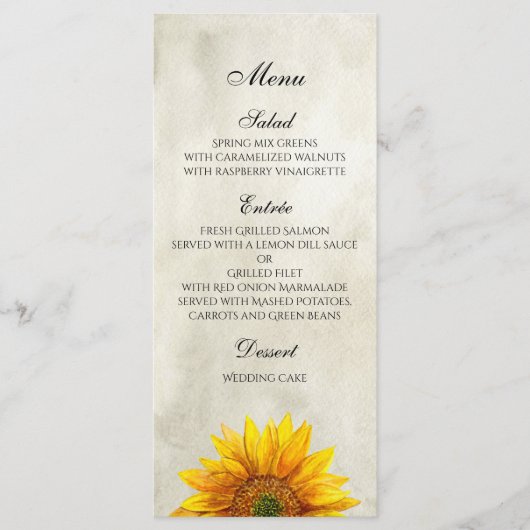 Zonnebloem menu. Menu kaart voor rustige huwelijks (Voorkant)