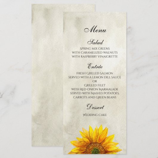 Zonnebloem menu. Rustieke bruiloft diner kaart (Voorkant / Achterkant)