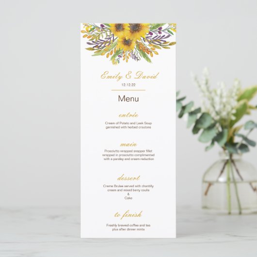Zonnebloem Menu, Trouw Menu, Baby Shower Menu (Staand voorkant)