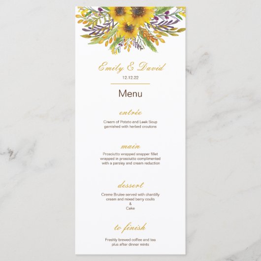 Zonnebloem Menu, Trouw Menu, Baby Shower Menu (Voorkant)