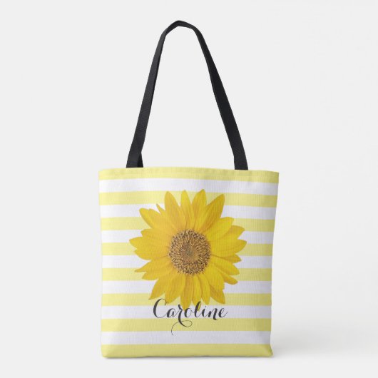 Zonnebloem met aangepaste naam gele gestreept Canv Tote Bag (Achterkant)