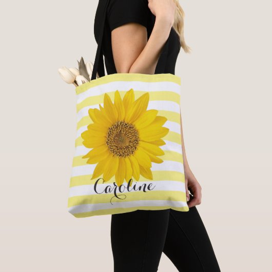 Zonnebloem met aangepaste naam gele gestreept Canv Tote Bag (Dichtbij)