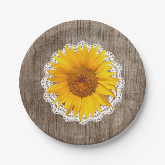 zonnebloem met Barn Wood Rustic Wedding Papieren Bordje (Voorkant)