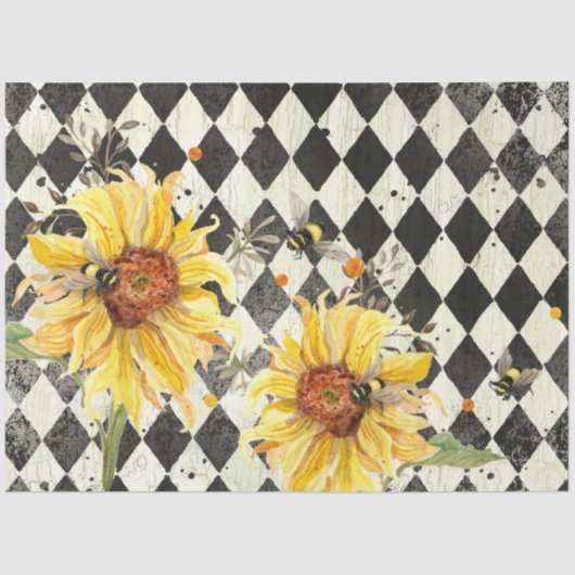 Zonnebloem met bijen Zwarte Ephemera Ontkoppeling Tissuepapier (Voorkant)