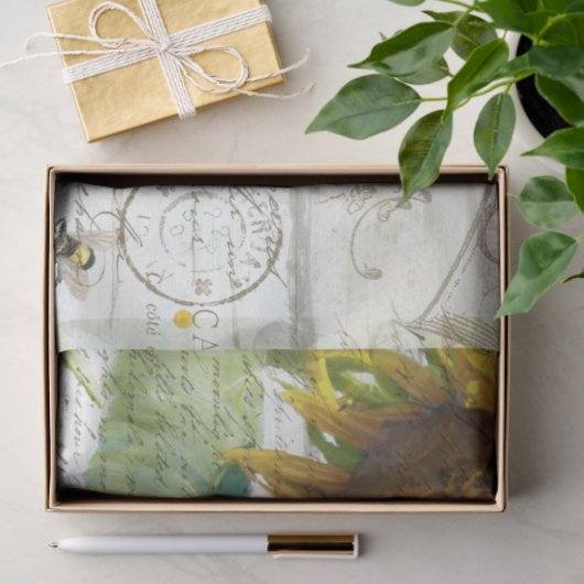Zonnebloem met bijenschrift Ephemera Rustic Decoup Tissuepapier (Geschenk)