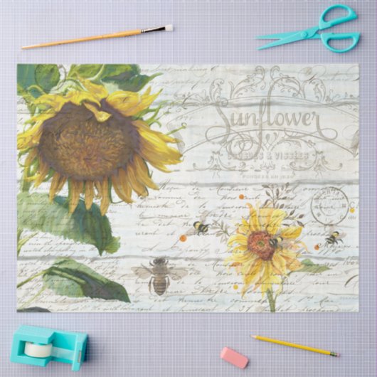 Zonnebloem met bijenschrift Ephemera Rustic Decoup Tissuepapier (Craft)