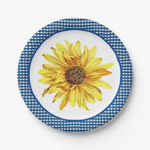 Zonnebloem met blauwe geruite rand / landelijke st papieren bordje