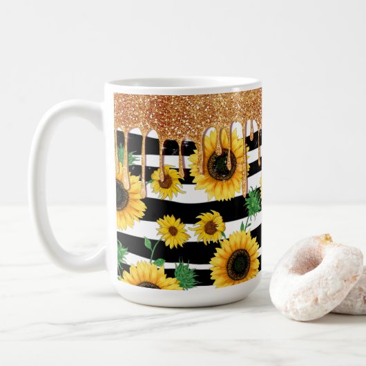 Zonnebloem met Gouden Glitter Koffiemok (Met donut)