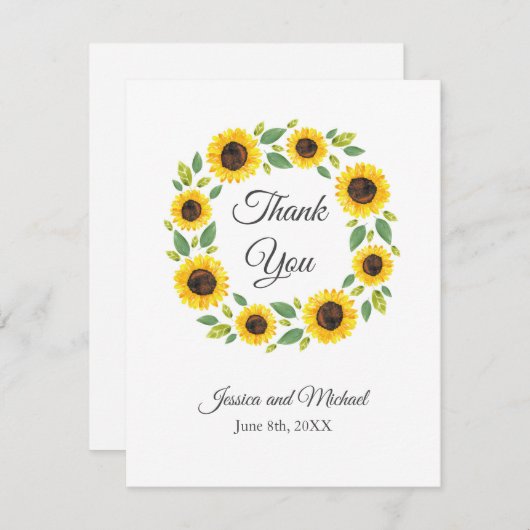 Zonnebloem, met hand geslepen Waterverf Bedankkaart (Voorkant / Achterkant)