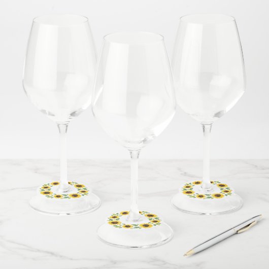 Zonnebloem, met hand geslepen Waterverf Wijnglaslabel (Set)