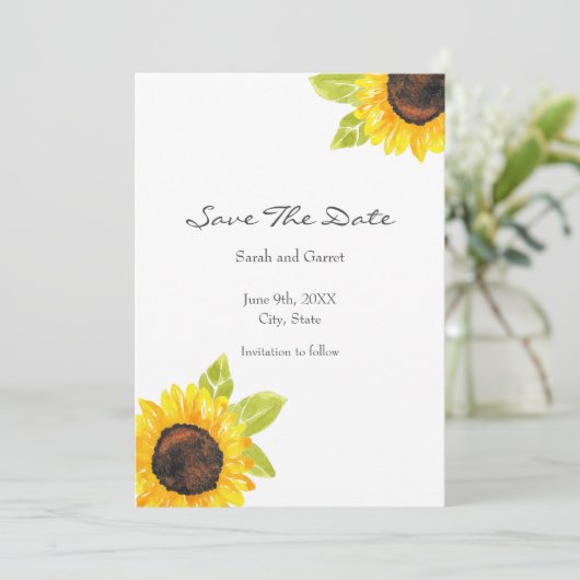 Zonnebloem met handmatige Waterverf Save The Date (Staand voorkant)