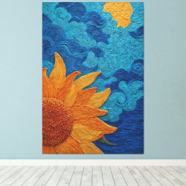 Zonnebloem met kolkende blauwe lucht gestructureer canvas afdruk