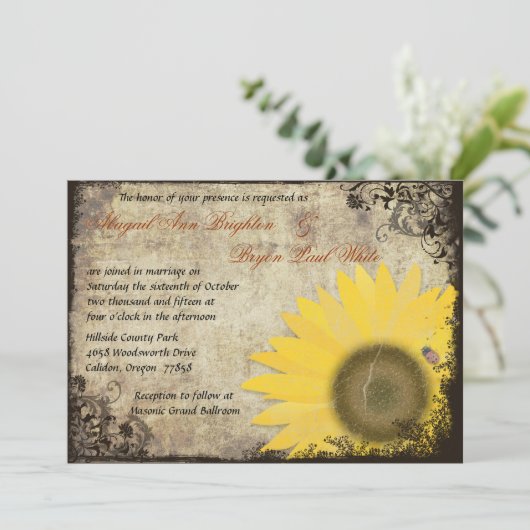 Zonnebloem met lieveheersbeestje Vintage bruiloft  Kaart (Staand voorkant)