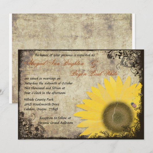 Zonnebloem met lieveheersbeestje Vintage bruiloft  Kaart (Voorkant / Achterkant)