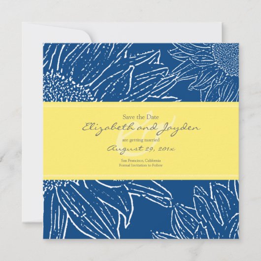 Zonnebloem met lint Save the Date: Navy Geel Date (Voorkant)