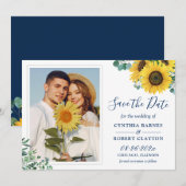 Zonnebloem met marinegeel White Photo Weddenschap Save The Date (Voorkant / Achterkant)