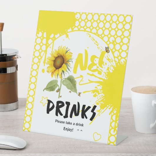 Zonnebloem met Vlinders 1e Verjaardag Drinken Reclamebord Met Voetstuk (Insitu)