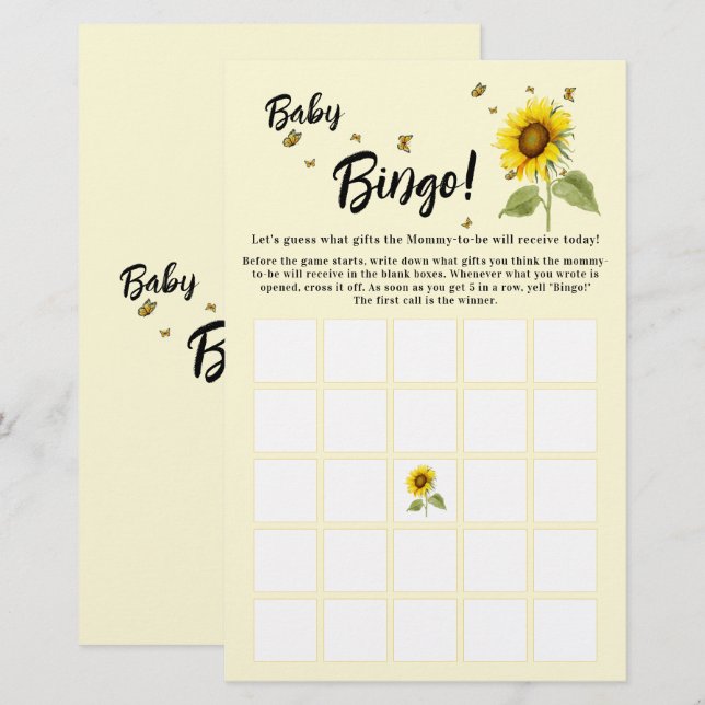Zonnebloem met Vlinders Baby Bingo Spel Flyer (Voorkant / Achterkant)