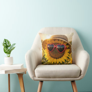 Zonnebloem met zonnebril en strohoed kussen