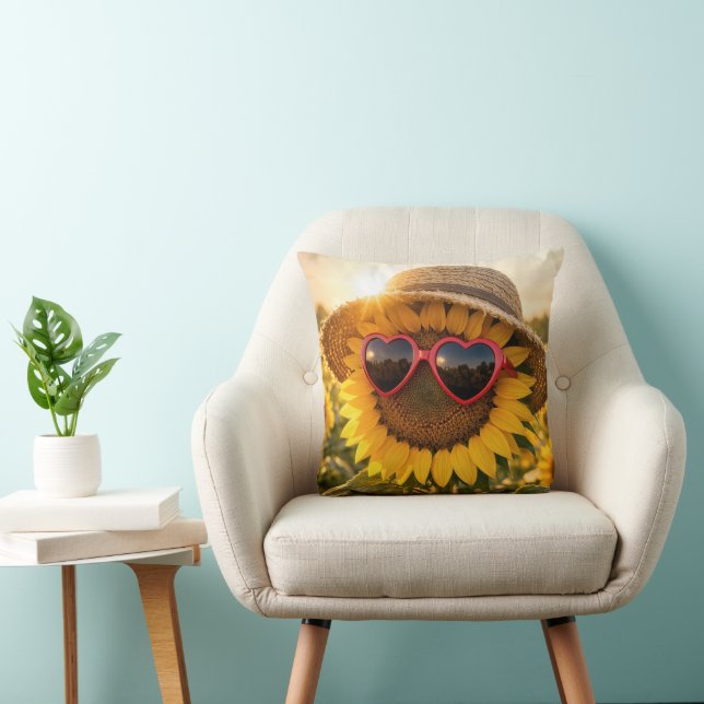 Zonnebloem met zonnebril en strohoed kussen (Stoel)