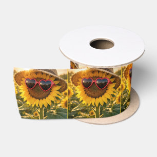 Zonnebloem met zonnebril en strohoed satijnen lint