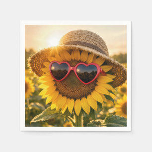 Zonnebloem met zonnebril en strohoed servet