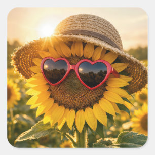 Zonnebloem met zonnebril en strohoed vierkante sticker
