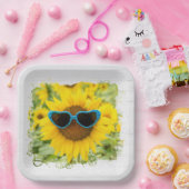 Zonnebloem met zonnebril op hout papieren bordje (Feest)