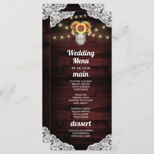 Zonnebloem Metselwerk Pot Houten Kant Bruiloft Men Menu (Voorkant / Achterkant)